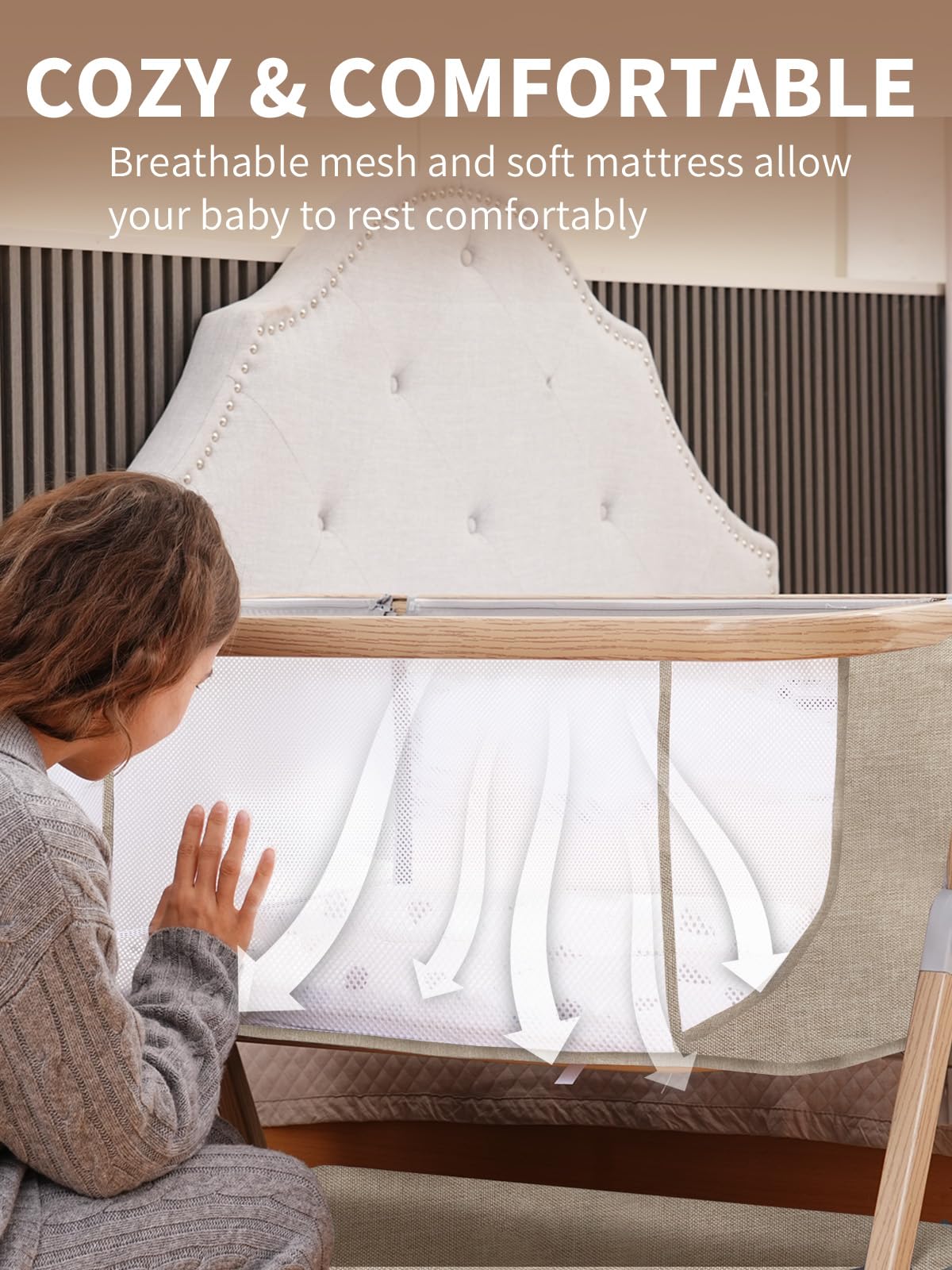 Baby Bassinet, Basinet Bedside Sleeper with Waterproof Bassinet Sheets and Soft Mattress, Safe Adjustable Height Bedside Bassinets with Wheels, Girl/Boy Bassinets, Jestonten (Khaki) 🍁 All In One Marketplace Canada