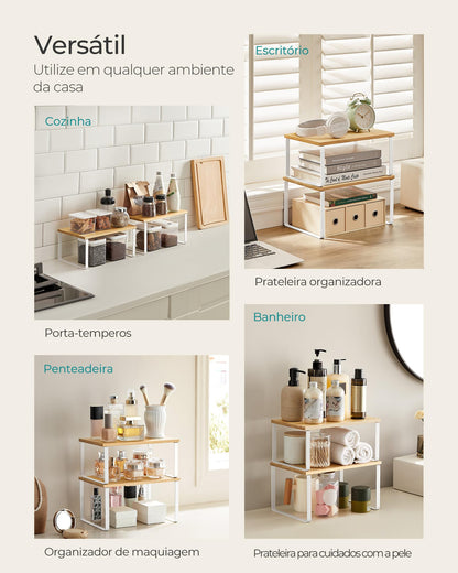 SONGMICS Cabinet Organizer Shelf, Set of 2 Kitchen Counter Shelves, Kitchen Storage, Spice Rack, Stackable, Expandable, Metal and Engineered Wood, Cloud White and Natural Beige UKCS02NW 🍁 All In One Marketplace Canada