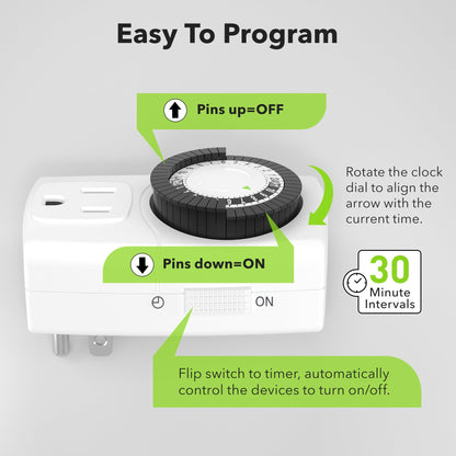 BN-LINK BND-60/U47 Indoor Mini 24-Hour Mechanical Outlet Timer, 3-Prong, 2-Pack 🍁 All In One Marketplace Canada