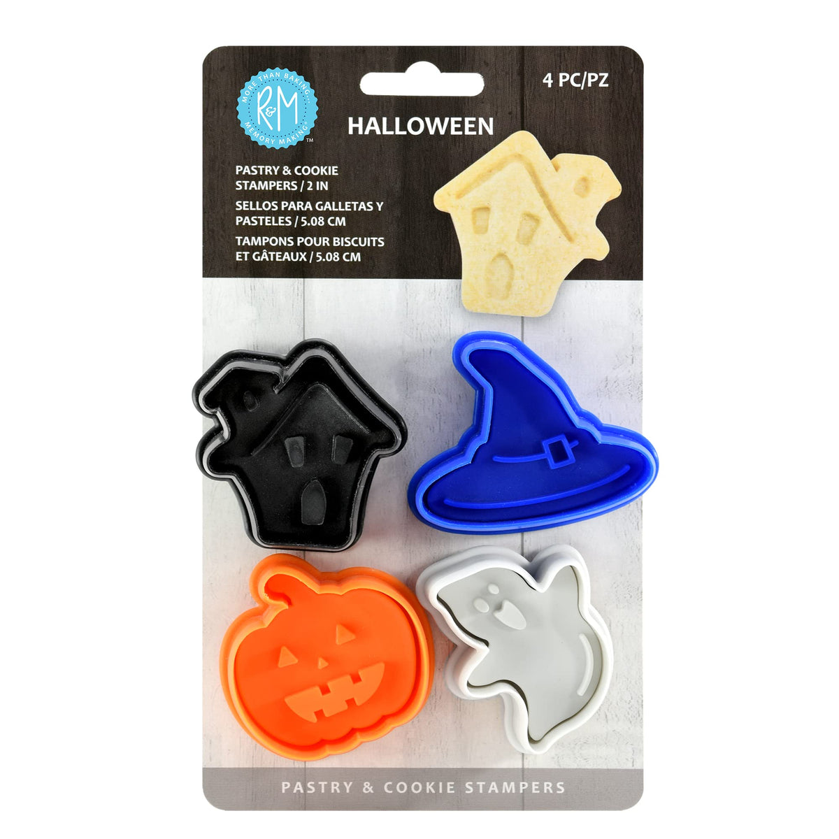 R&M International 0494 Halloween 2" Pastry/Cookie/Fondant Stampers, Haunted House, Witch Hat, Pumpkin, Ghost, 4-Piece Set