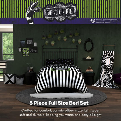 Franco Collectibles Beetlejuice Halloween Striped Bedding 5 Piece Super Soft Reversible Comforter and Sheet Set, Full, (Officially Licensed Product)