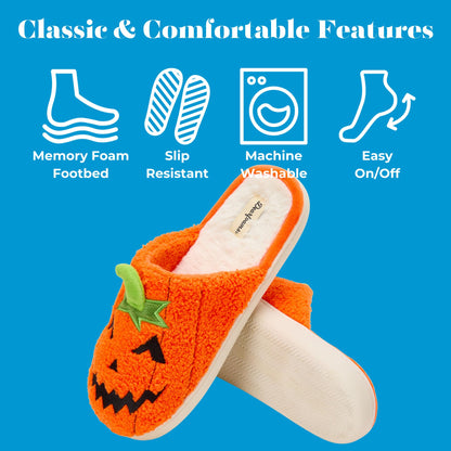 Dearfoams Unisex-Adult Spooky Fuzzy Halloween Pumpkin Jack O Lantern Slipper, Jack O Lantern, 7-8 Women/5-6 Men
