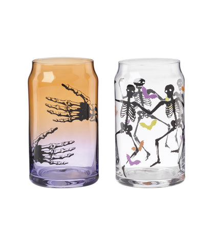 Cambridge Drinking Glasses, Halloween Harvest Can Cooler Glasses, Set of 12, Dishwasher Safe, Glass Cups, Spooky Iced Coffee Cups, Halloween Decor Spooky Scary Skeletons (Assorted, 12 Piece, 16 FL Oz)