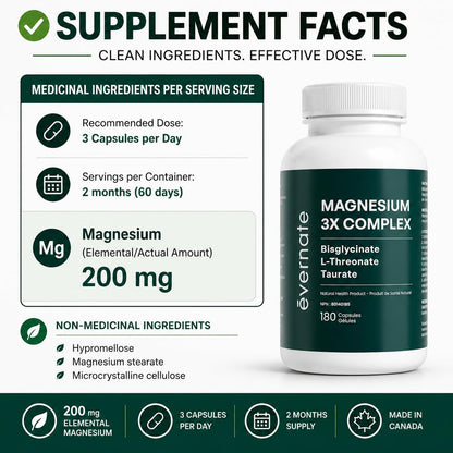 ALL-IN-ONE Magnesium Complex – Magnesium Glycinate (Bisglycinate) Chelated, L-Threonate & Taurate (200mg Elemental per Daily Dose) – Sleep, Stress, Muscle & Heart Support – High Absorption Magnesium Supplement – 180 Vegan Capsules – Made in Canada