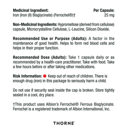 Thorne Iron Bisglycinate - 25 mg Iron Supplement for Enhanced Absorption Without Gastrointestinal Side Effects - 60 Capsules - 60 Servings 🍁 All In One Marketplace Canada