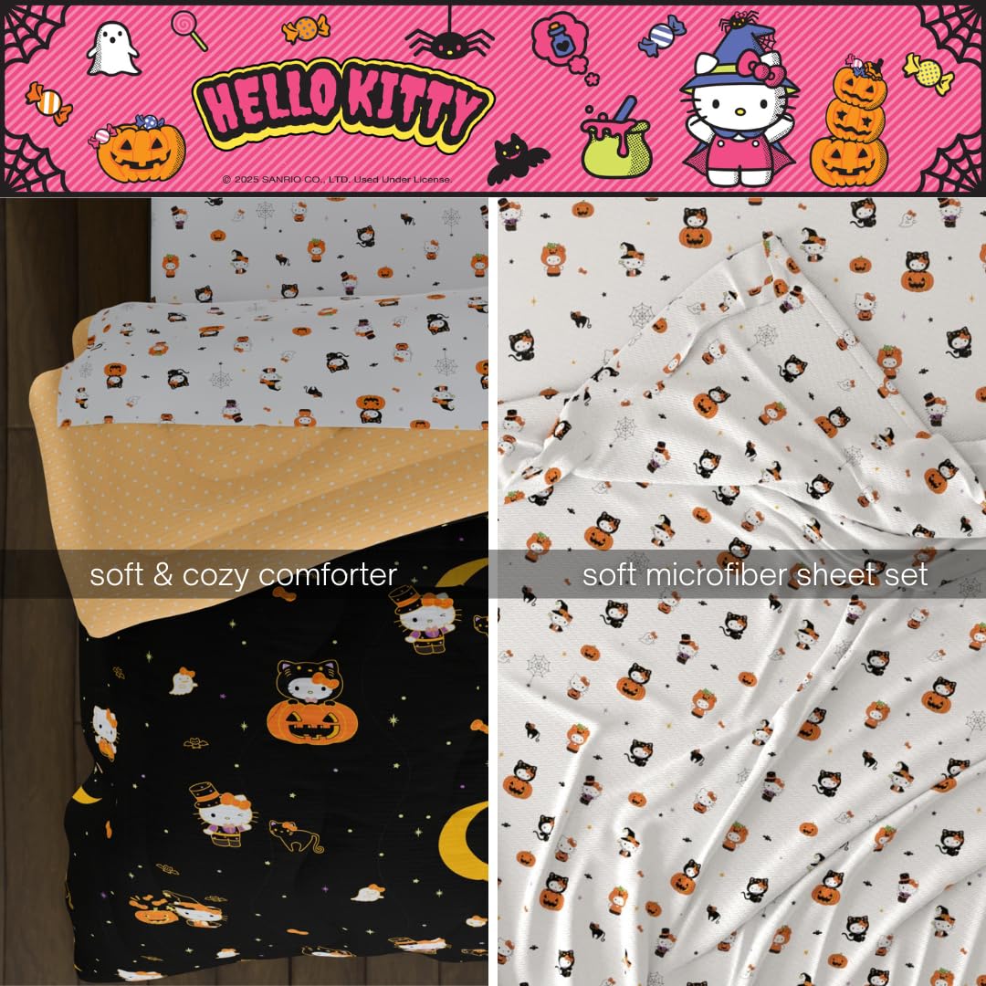 Sanrio Hello Kitty Halloween Pumpkin Queen Bed Set – Super Soft & Cozy 5 Piece Reversible Comforter and Sheet Set (Officially Licensed Product) by Franco