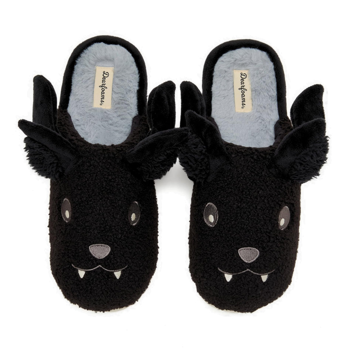Dearfoams Unisex-Adult Spooky Fuzzy Halloween Pumpkin Jack O Lantern Slipper, Black Bat, 9-10 Women/7-8 Men