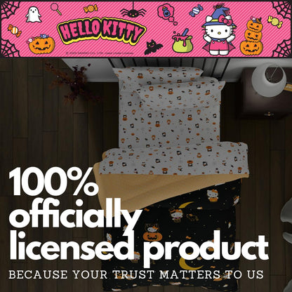 Sanrio Hello Kitty Halloween Pumpkin Queen Bed Set – Super Soft & Cozy 5 Piece Reversible Comforter and Sheet Set (Officially Licensed Product) by Franco