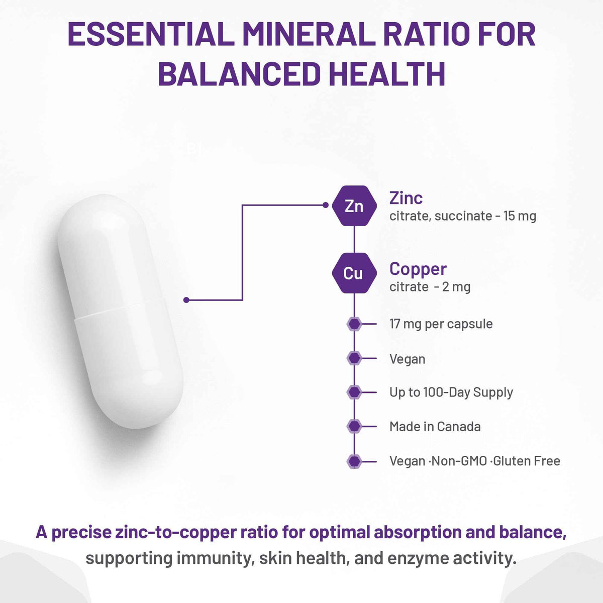 AOR Zinc Copper Balance 17mg, 100 V-Caps, 100-Day Supply - Nutrient Support for Skin, Hair, Bone & Overall Wellness, NON-GMO & Gluten-Free, Easy-to-Swallow, Zinc & Copper Supplements for Men & Women 🍁 All In One Marketplace Canada