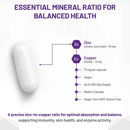 AOR Zinc Copper Balance 17mg, 100 V-Caps, 100-Day Supply - Nutrient Support for Skin, Hair, Bone & Overall Wellness, NON-GMO & Gluten-Free, Easy-to-Swallow, Zinc & Copper Supplements for Men & Women 🍁 All In One Marketplace Canada