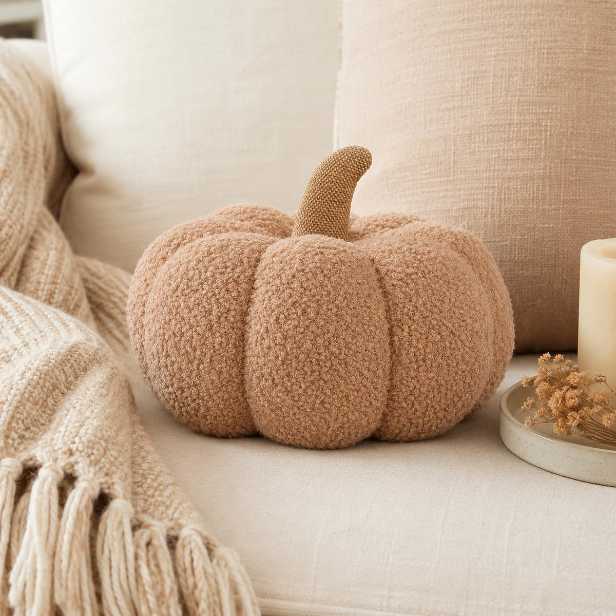 Pearhead Beige Sherpa Pumpkin, Plush Stuffed Halloween Home Decorations, Modern Fall Home Decor, Beige