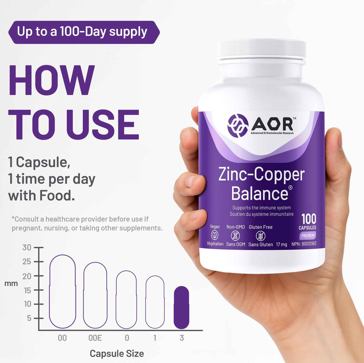 AOR Zinc Copper Balance 17mg, 100 V-Caps, 100-Day Supply - Nutrient Support for Skin, Hair, Bone & Overall Wellness, NON-GMO & Gluten-Free, Easy-to-Swallow, Zinc & Copper Supplements for Men & Women 🍁 All In One Marketplace Canada