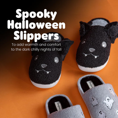 Dearfoams Unisex-Adult Spooky Fuzzy Halloween Pumpkin Jack O Lantern Slipper, Black Bat, 9-10 Women/7-8 Men