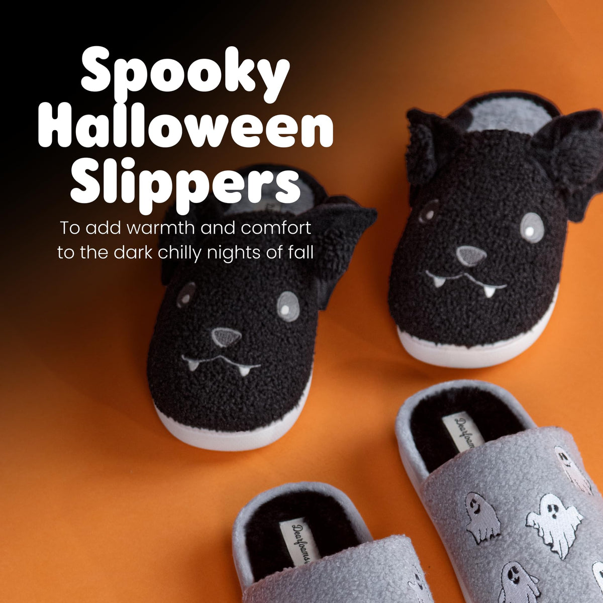 Dearfoams Unisex-Adult Spooky Fuzzy Halloween Pumpkin Jack O Lantern Slipper, Black Bat, 5-6 Women/3-4 Men