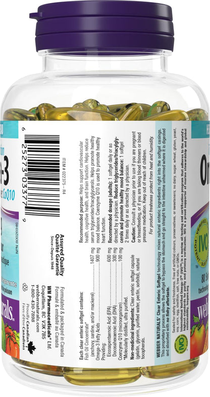Webber Naturals Omega-3 with CoQ10, 80 Clear Enteric No Fishy Aftertaste Softgels, Supports Cardiovascular Health and Brain Function 🍁 All In One Marketplace Canada