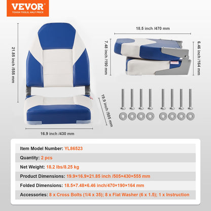 VEVOR High Back Boat Seats, 21.85" Folding Chair with Thickened Sponge Padding and Hinge, Fold-Down Captain Chairs for Fishing, Sightseeing, Speedboat, Canoe, 2-Pack 🍁 All In One Marketplace Canada