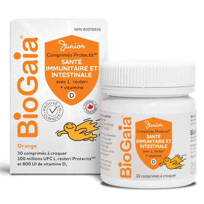 BioGaia Probiotic Junior Immune & Gut Health Tablets | New Format | Probiotic + 800 IU of Vit. D | 30-Day Supply/Chewable Tablets | For kids & Teens | Eases constipation | Helps maintain immune function | Development of bones and teeth | Prevent episodes