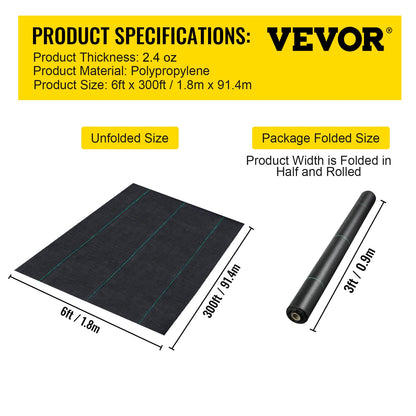 VEVOR 6FTx300FT Premium Weed Barrier Fabric Heavy Duty 2.4OZ, Woven Weed Control Fabric, High Permeability Good for Flower Bed, Geotextile Fabric for Underlayment, Polyethylene Ground Cover 🍁 All In One Marketplace Canada