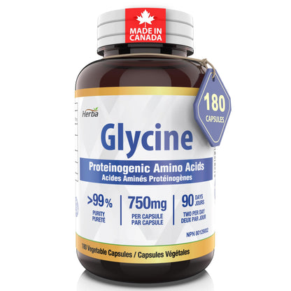 Herba Glycine Supplement 750mg - 180 Capsules | >99% Ultra Pure Glycine Capsules | Free-form Proteinogenic Amino Acids Supplements | Made in Canada 🍁 All In One Marketplace Canada