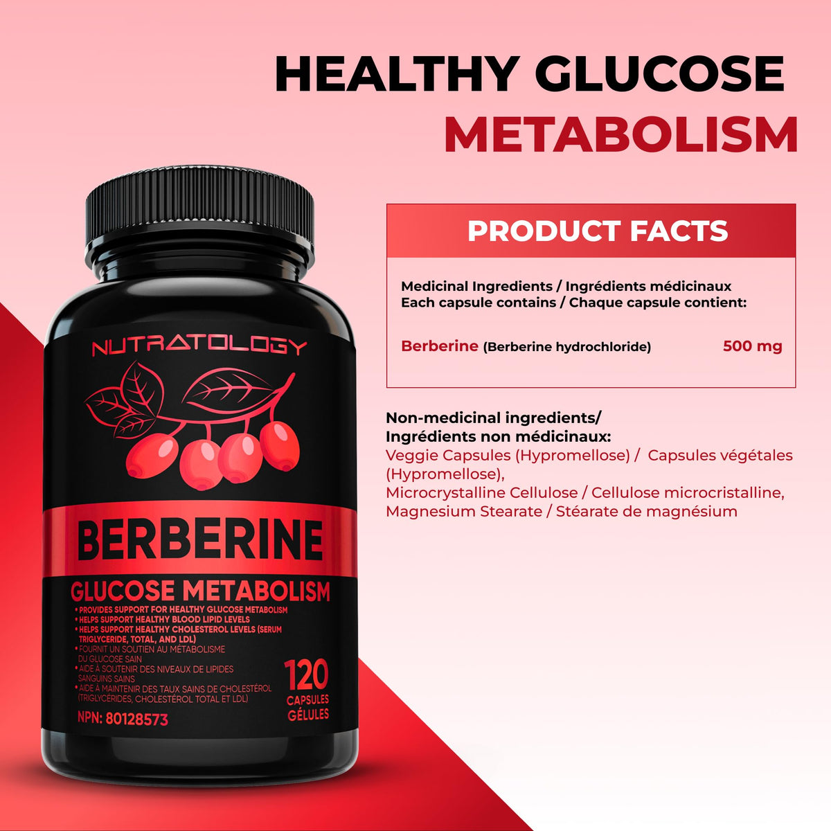 Nutratology® Berberine Supplement | Canadian-Made | Max Potency 500MG Per Capsule - Supports Glucose Metabolism & Healthy Blood Sugar Levels Through Efficient Metabolism Of Sugar & Fats - 120 Capsules 🍁 All In One Marketplace Canada