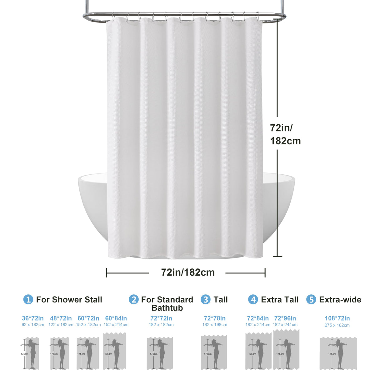 Waffle Weave Shower Curtain with Stainless Steel Hooks - 256 GSM Heavy Duty Fabric Bath Curtains, Hotel Luxury Quality, Water Resistant, Machine Washable, Weighted Hem, 72 x 72 Inches (White) 🍁 All In One Marketplace Canada