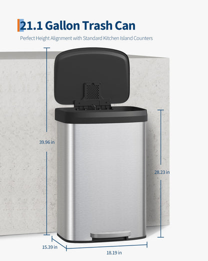 Garvee 21 Gallon / 80 Liter Stainless Steel Trash Can with Lid, Large Garbage Can for Kitchen, Rustproof Step-on Kitchen Metal Trash Bin with Liner Rim, Rear Handle, Soft Close Plastic Lid, Silver 🍁 All In One Marketplace Canada