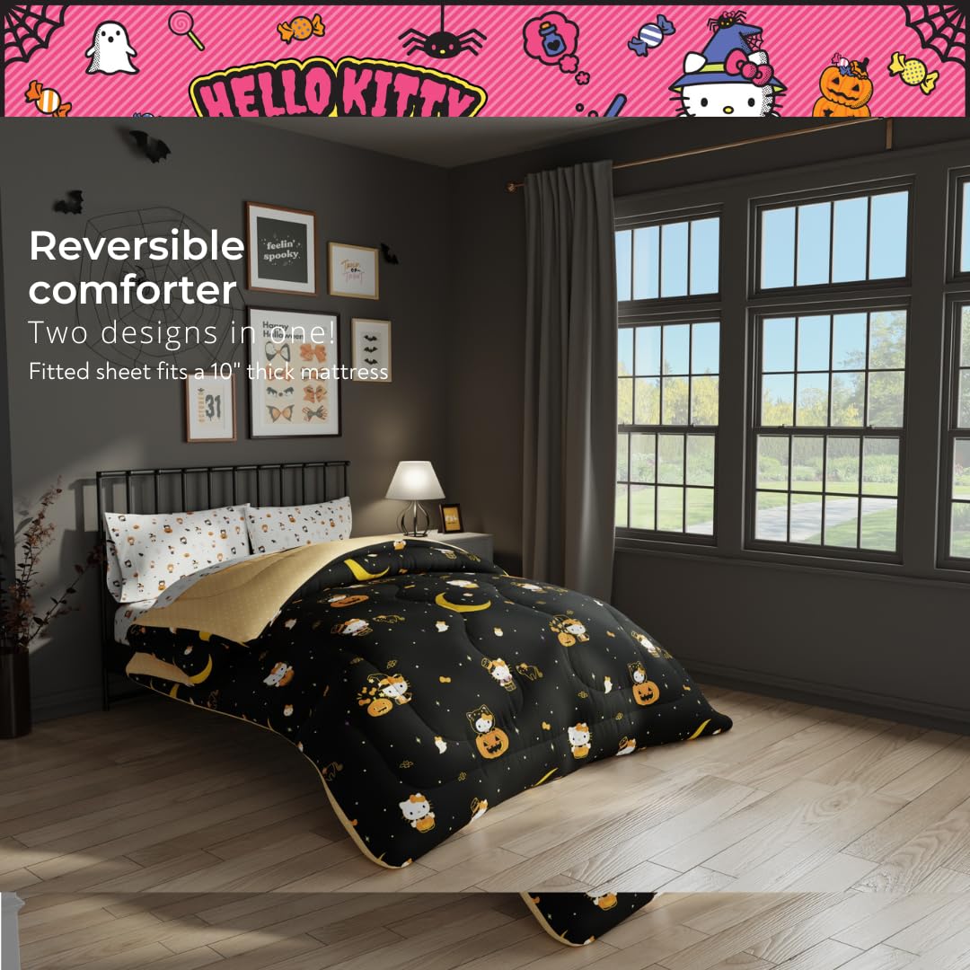 Sanrio Hello Kitty Halloween Pumpkin Full Bed Set – Super Soft & Cozy 5 Piece Reversible Comforter and Sheet Set (Officially Licensed Product) by Franco