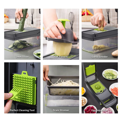 Vegetable Chopper Cutter Slicer Multifunctional 13-in-1 Food Veggie Onion Potato Fruit Chopper Cutter Dicer with Container, 8 Interchangable Blades, Hand Protector, Drain Strainer, Cleaning Brush 🍁 All In One Marketplace Canada