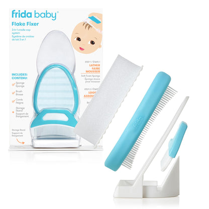Frida Baby The 3-Step Cradle Cap System Kit & Cradle Cap Treatment, DermaFrida The FlakeFixer, Sponge, Brush, Comb and Storage Stand for Babies with Cradle Cap, White-Blue 🍁 All In One Marketplace Canada