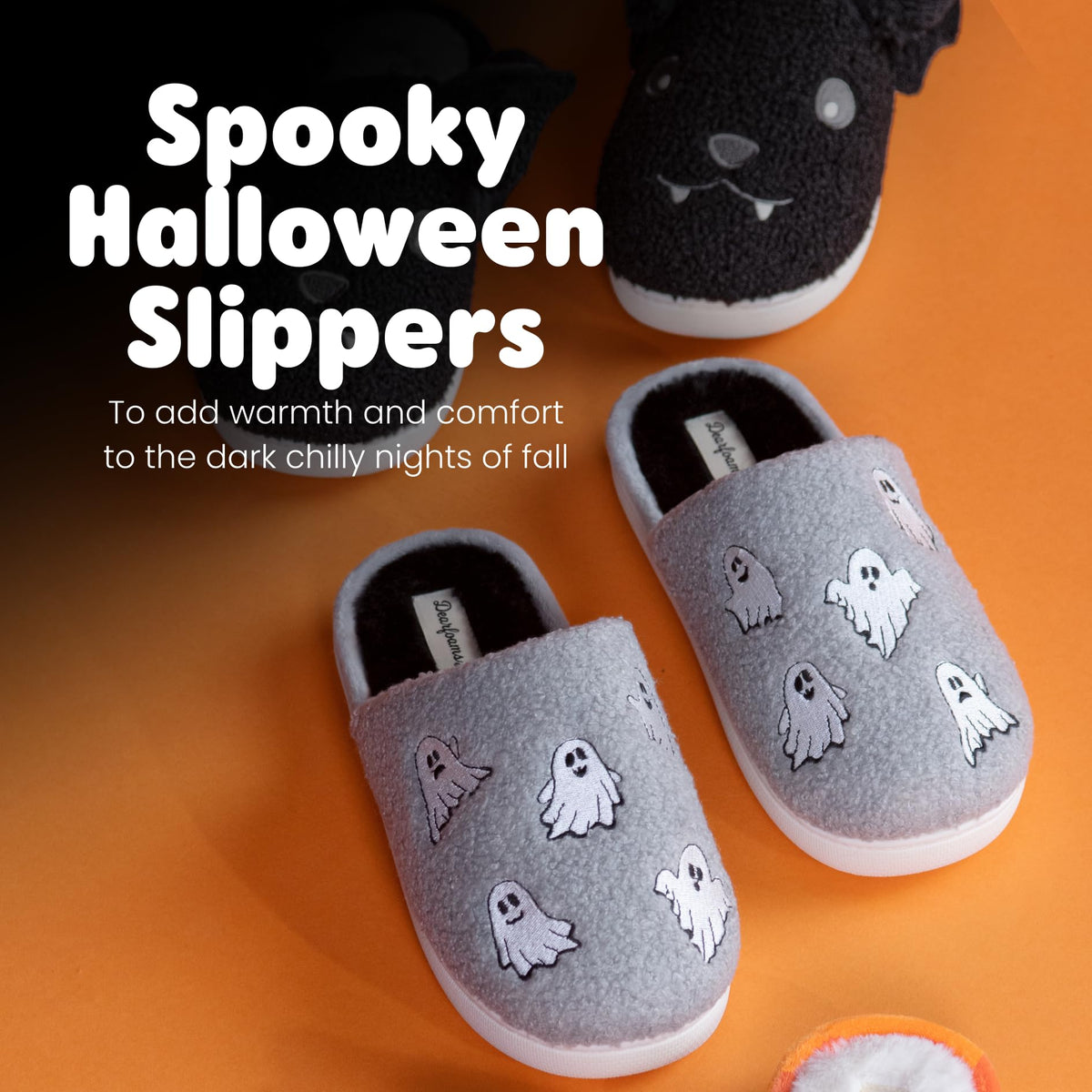 Dearfoams Unisex-Adult Spooky Fuzzy Halloween Pumpkin Jack O Lantern Slipper, Grey Ghost, 9-10 Women/7-8 Men
