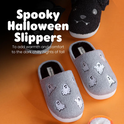 Dearfoams Unisex-Adult Spooky Fuzzy Halloween Pumpkin Jack O Lantern Slipper, Grey Ghost, 11-12 Women/9-10 Men