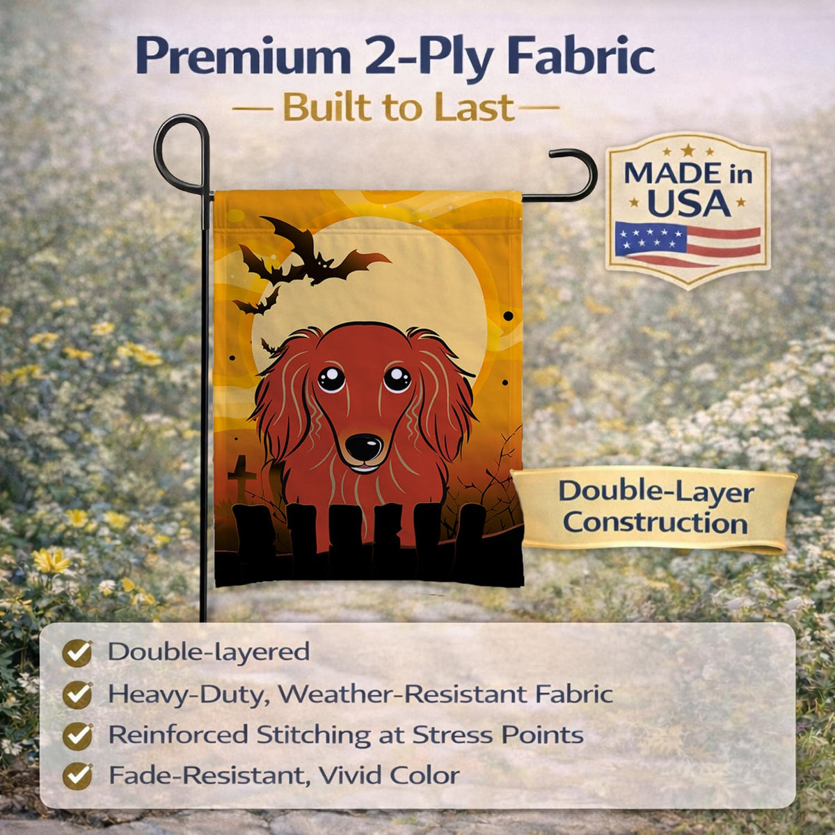 Caroline's Treasures BB1772GF Halloween Longhair Red Dachshund Garden Size Flag, Small, Multicolor