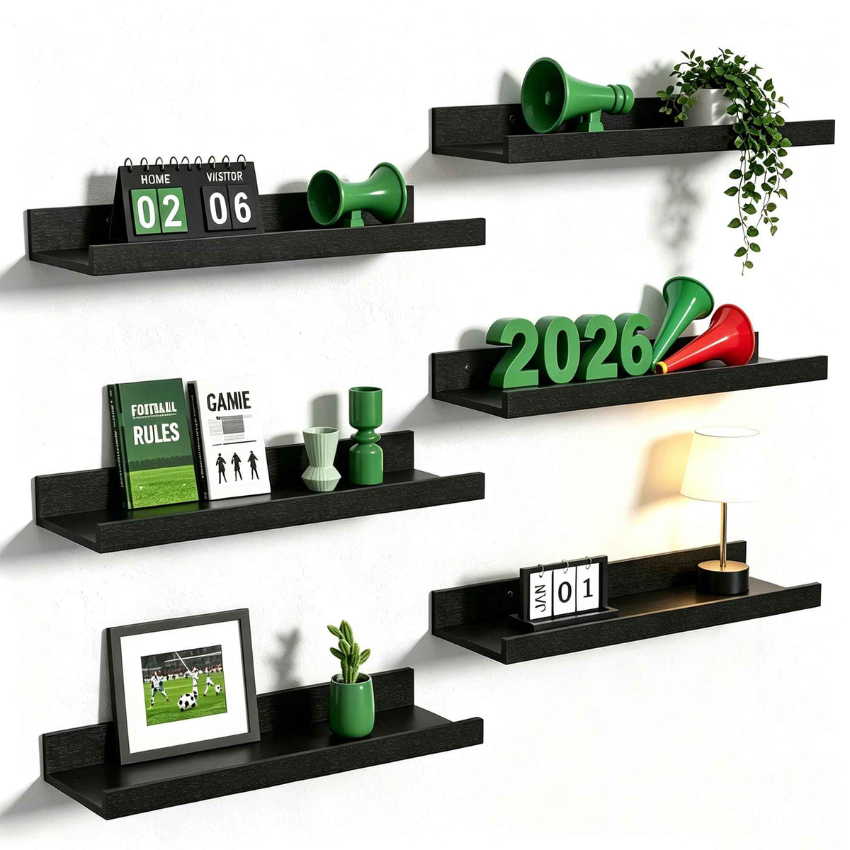 upsimples Floating Shelves for Wall, Decor Storage Set of 6, Wall Mounted Wood Shelves for Bedroom, Living Room, Bathroom, Kitchen, Picture Ledge Shelves, Black 🍁 All In One Marketplace Canada