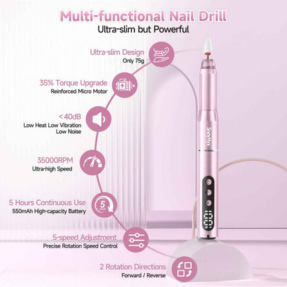 SnnyNyx Cordless Electric Nail Drill 35000 RPM, Professional Nail File Kit with LCD Display, 12 Bits & 36 Sanding Bands, Rechargeable Manicure Pedicure Kit for Acrylic Gel Nails, Salon & Home Use(Rose Gold) 🍁 All In One Marketplace Canada