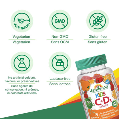 Jamieson Kids Immune Gummies with Vitamin C, Vitamin D & Zinc, 90 Gummies, Strawberry and Orange Flavours, Supports Immune Health, Strong Teeth and Bones, Helps in Wound Healing. Vegetarian, Non-GMO 🍁 All In One Marketplace Canada