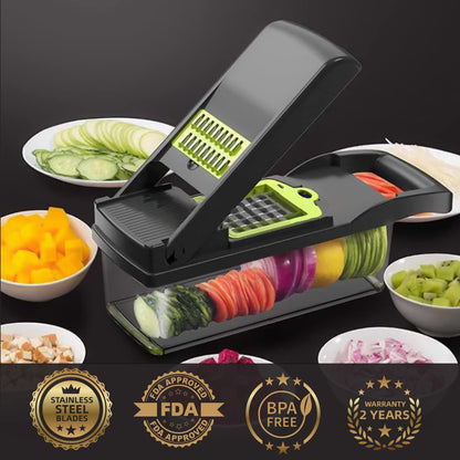 Vegetable Chopper Cutter Slicer Multifunctional 13-in-1 Food Veggie Onion Potato Fruit Chopper Cutter Dicer with Container, 8 Interchangable Blades, Hand Protector, Drain Strainer, Cleaning Brush 🍁 All In One Marketplace Canada