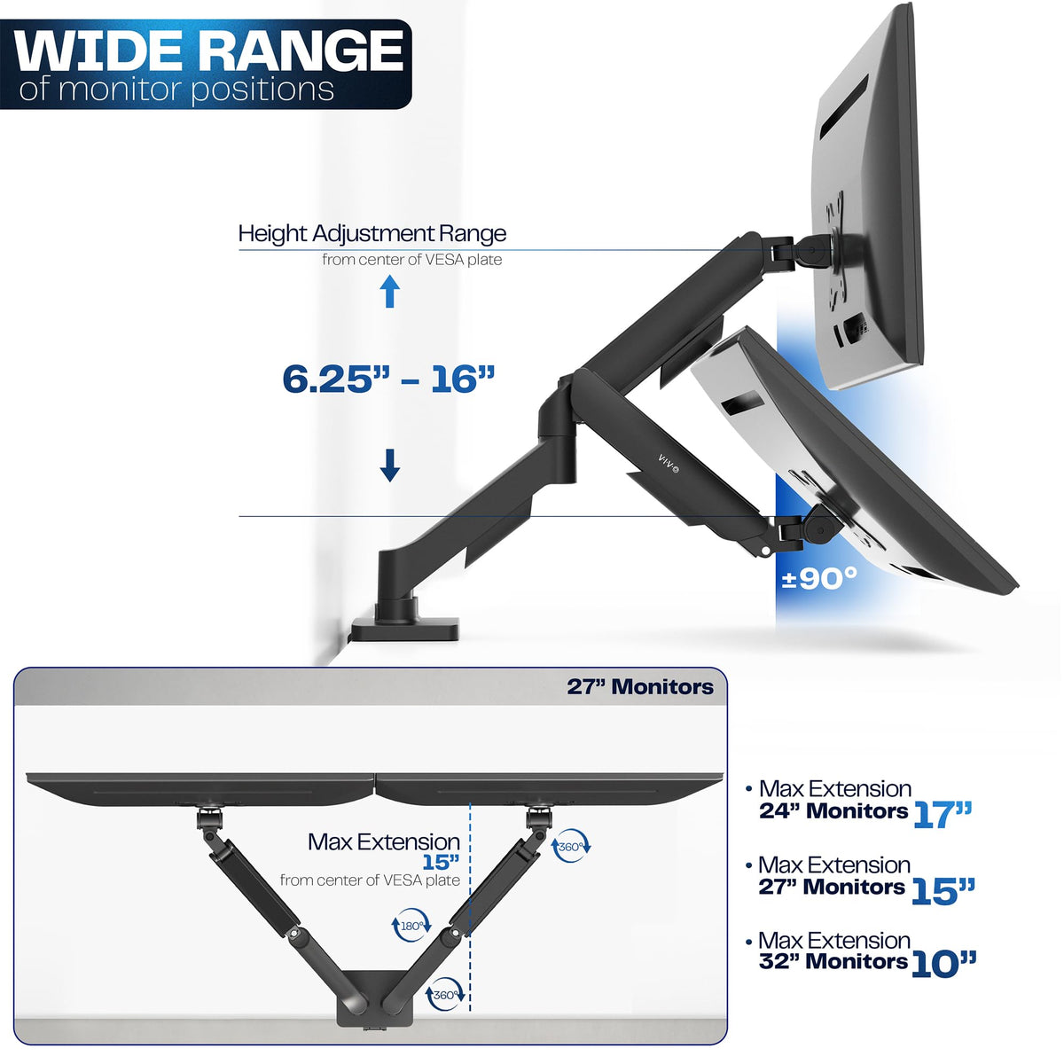 VIVO Dual Monitor up to 32 inches and 19.8 lbs per Screen, Pneumatic Arm Desk Mount, Articulating Counterbalance, VESA Stand, Classic, STAND-V002O 🍁 All In One Marketplace Canada