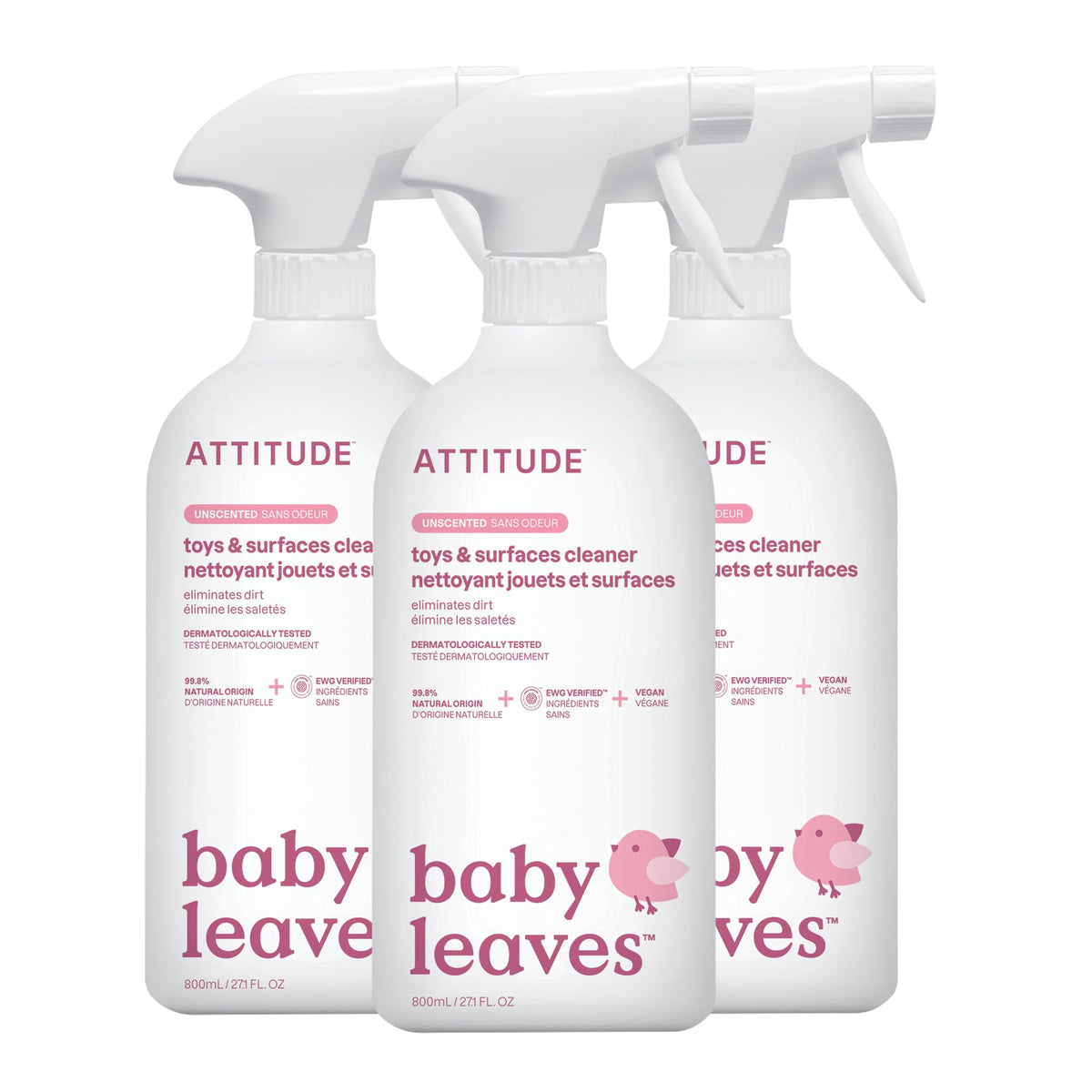 ATTITUDE Baby & Kids Toy Cleaner Spray, EWG Verified, Multi-Surface Cleaner for Toys, High Chairs & Play Areas, Naturally Derived, Vegan, Unscented, 800 mL (Pack of 3) 🍁 All In One Marketplace Canada