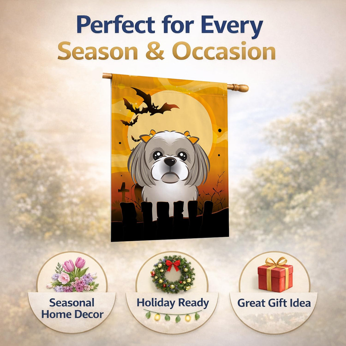 Caroline's Treasures BB1808CHF Halloween Gray Silver Shih Tzu Canvas House Size Flag, Multicolor, Large
