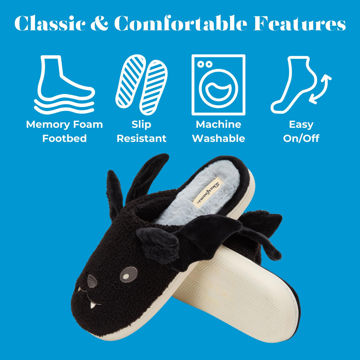 Dearfoams Unisex-Adult Spooky Fuzzy Halloween Pumpkin Jack O Lantern Slipper, Black Bat, 13-14 Women/11-12 Men