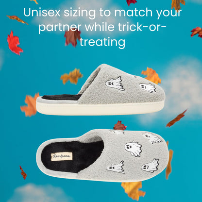 Dearfoams Unisex-Adult Spooky Fuzzy Halloween Pumpkin Jack O Lantern Slipper, Grey Ghost, 9-10 Women/7-8 Men