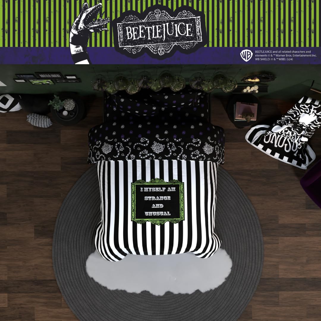 Franco Collectibles Beetlejuice Halloween Striped Bedding 5 Piece Super Soft Reversible Comforter and Sheet Set, Full, (Officially Licensed Product)