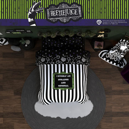 Franco Collectibles Beetlejuice Halloween Striped Bedding 5 Piece Super Soft Reversible Comforter and Sheet Set, Queen, (Officially Licensed Product)