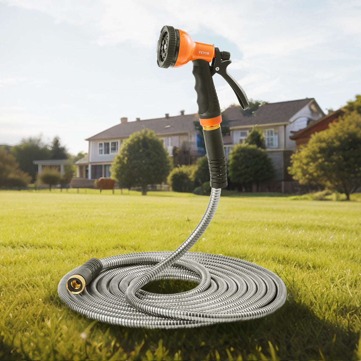 VEVOR Metal Garden Hose 100 ft, Rust Proof Stainless Steel Water Hose, Heavy Duty Backyard Hose with 10 Function Nozzle, No-Kink & Flexible Water Pipe, Lightweight Metal Hose for Yard, Outdoor 🍁 All In One Marketplace Canada