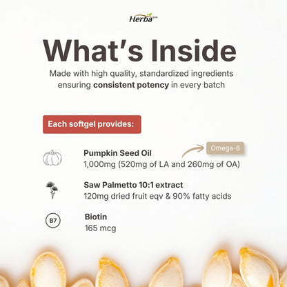 Herba Pumpkin Seed Oil Capsules for Hair - 90 Softgels | 3 in 1 with Saw Palmetto and Biotin | Cold Pressed, Extra Virgin, and Non GMO | Made in Canada 🍁 All In One Marketplace Canada