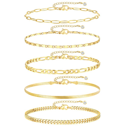 Gold Ankle Bracelets for Women, 14k Gold Plated Waterproof Cuban Link Chain Anklets Set, Layered Anklet Bracelets for Women Beach Gift Adjustable Size 5pc (GOLD-1) 🍁 All In One Marketplace Canada