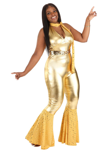 Dreamgirl Womens 70s Disco Costume, Adult Retro Gold Jumpsuit, Disco Fox Halloween Costume Large