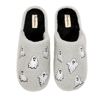 Dearfoams Unisex-Adult Spooky Fuzzy Halloween Pumpkin Jack O Lantern Slipper, Grey Ghost, 9-10 Women/7-8 Men