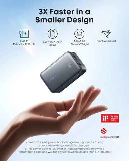 Anker Nano Power Bank, 10,000mAh Portable Charger with 2.3 ft Anker InstaCord Retractable Cable, 45W Max Compact Battery Pack, Smart Display, for iPhone 17/16 Series,iPad,Galaxy,Pixel and More (Black) 🍁 All In One Marketplace Canada