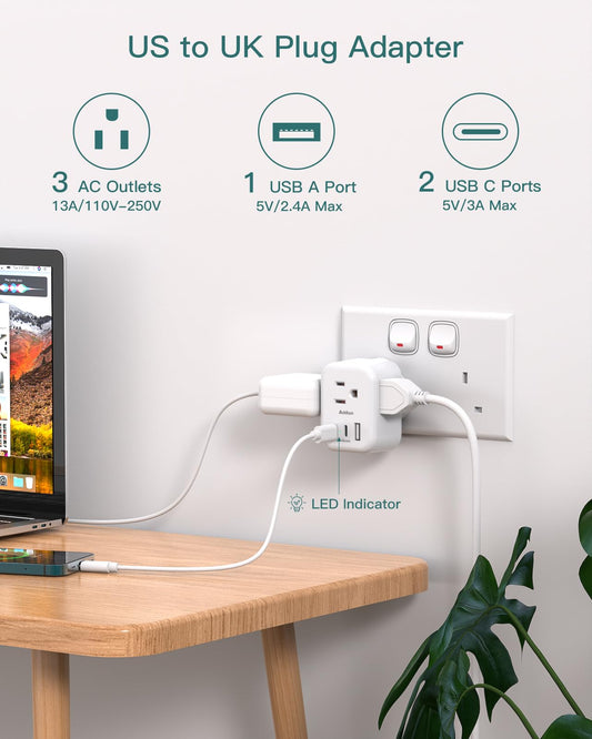 2-Pack US/CA to UK Ireland Travel Plug Adapter, Addtam Type G Power Outlet Adapter with 3 AC Outlets 3 USB(2 USB C), Travel Essentials for USA to Dubai Scotland British London England Hong Kong Irish 🍁 All In One Marketplace Canada